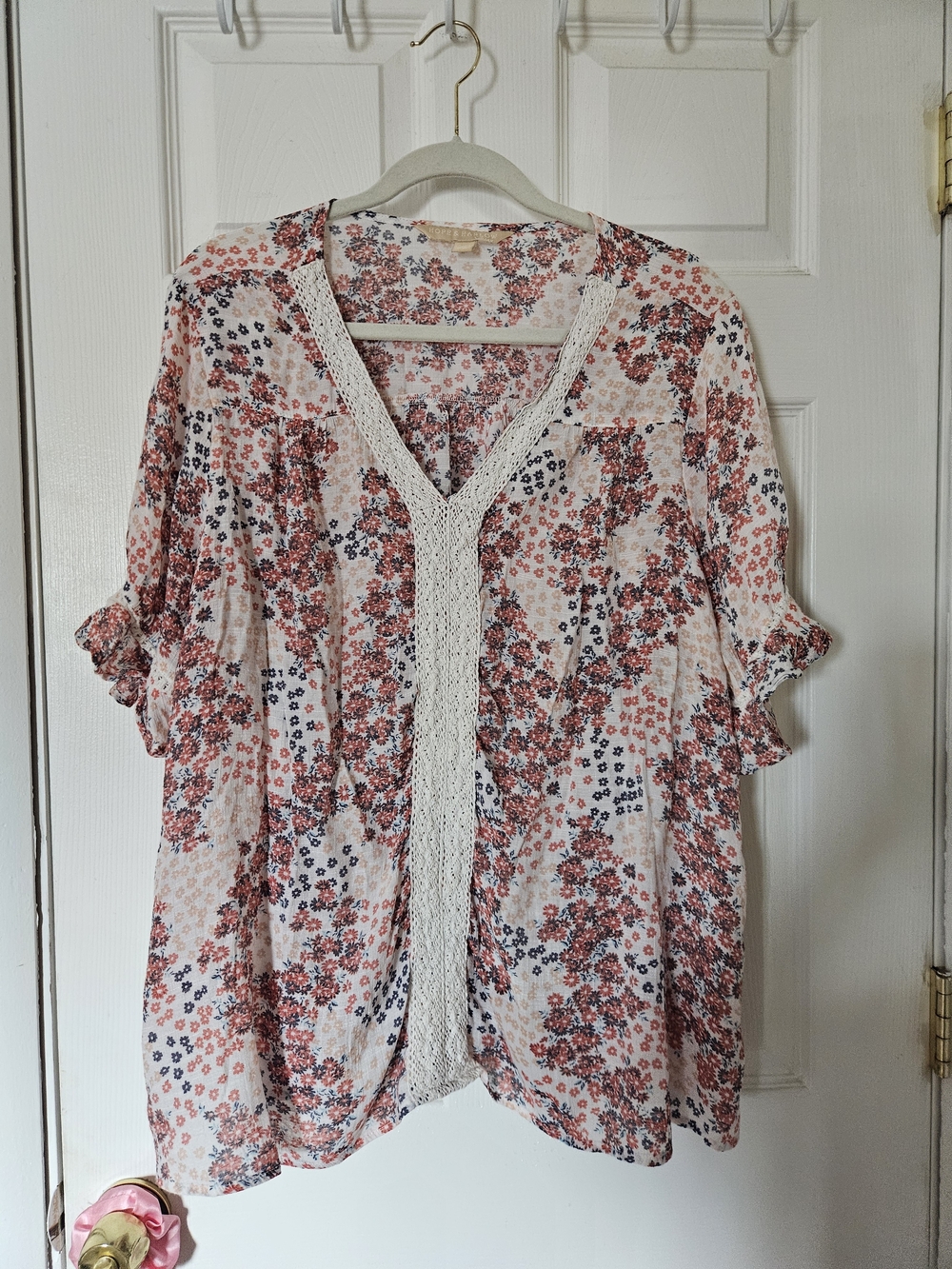 Floral Lace-Trim V-Neck Blouse - Coral And Gray